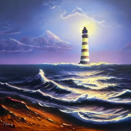 Prompt: An oil painting of a lighthouse on a rough sea at night, moonlight shining through the clouds, Tyndall effect, BioShock, 80s sci-fi, Retro Futurism Art--h 1024 --w 1024