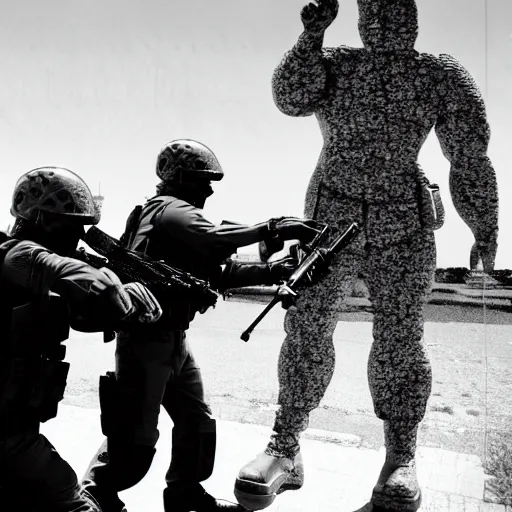 Prompt: the special forces pointing at a peanut, security camera, black and white, megalofobia