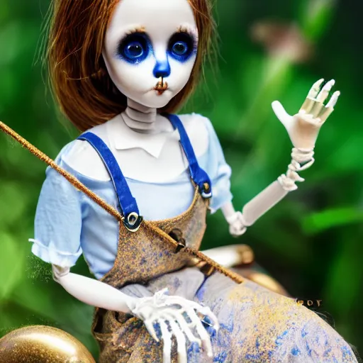 Image similar to lovely realistic ball jointed high end lapis lazuli with gold inclusions skeleton doll with cute white yellow overalls and cute nature themed accessories, inside gothic doll manor bedroom, god rays, dust particles, photorealistic, aesthetic shot, worms eye view, macro camera lens, high definition, thematic, cinematic, lens flare