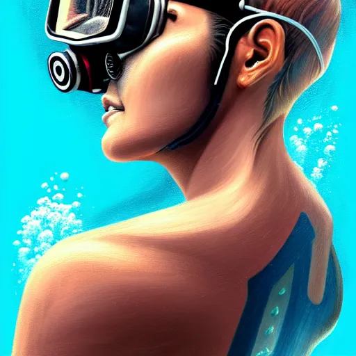 Image similar to a profile photo of a diver with diving helmet with tattoos on arm and neck, side profile in underwater, highly detailed, digital painting, artstation, sharp focus, illustration by Sandra Chevrier