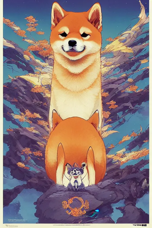 Image similar to poster of a shiba inu as a giant fox spirit, studio ghibli aesthetic, by yoichi hatakenaka, masamune shirow, josan gonzales and dan mumford, ayami kojima, takato yamamoto, barclay shaw, karol bak, yukito kishiro