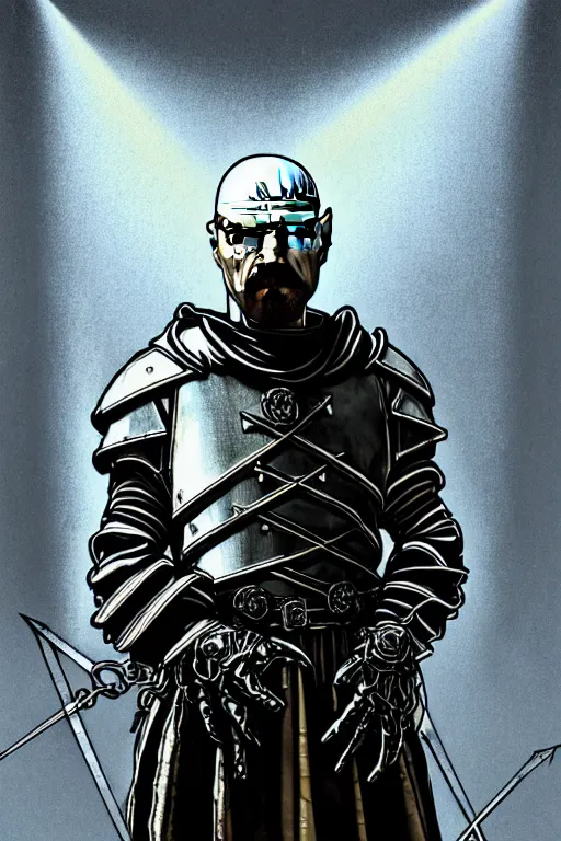 Image similar to Walter White beautiful luxury and evil and victorian and gothic medieval white armor knight portrait+front face, ultradetail face, ruined gothic cathedral, art and illustration by tian zi and craig mullins and WLOP and alphonse mucha, ssci-fi, fantasy, intricate complexity, human structure, hypermaximalist, fantasy character concept, dynamic lighting, neon light, watermark, blurry, hyperrealism 8k