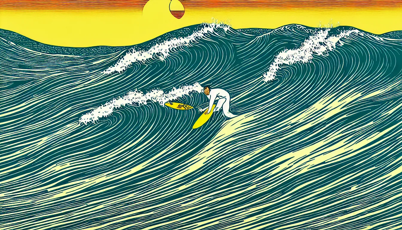 Prompt: surfing wave by dan mumford and peter doig and edward hopper, symmetrical, minimal, black ink, thick lines highly detailed, muted colours, overlaid with chinese adverts, 8 k