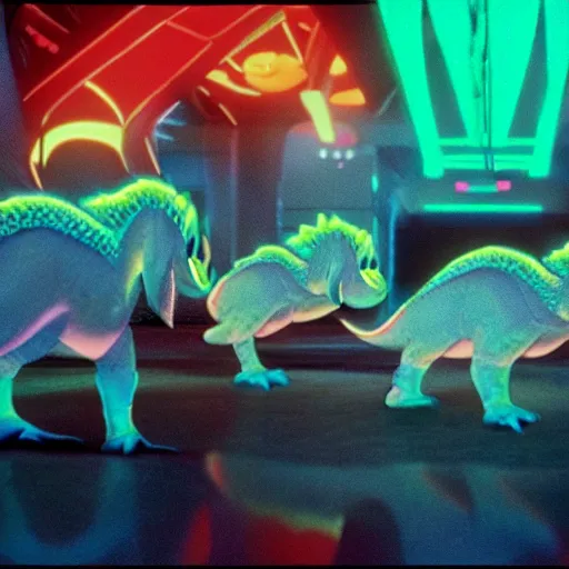 Image similar to baby dinosaurs in tron movie, cinestill