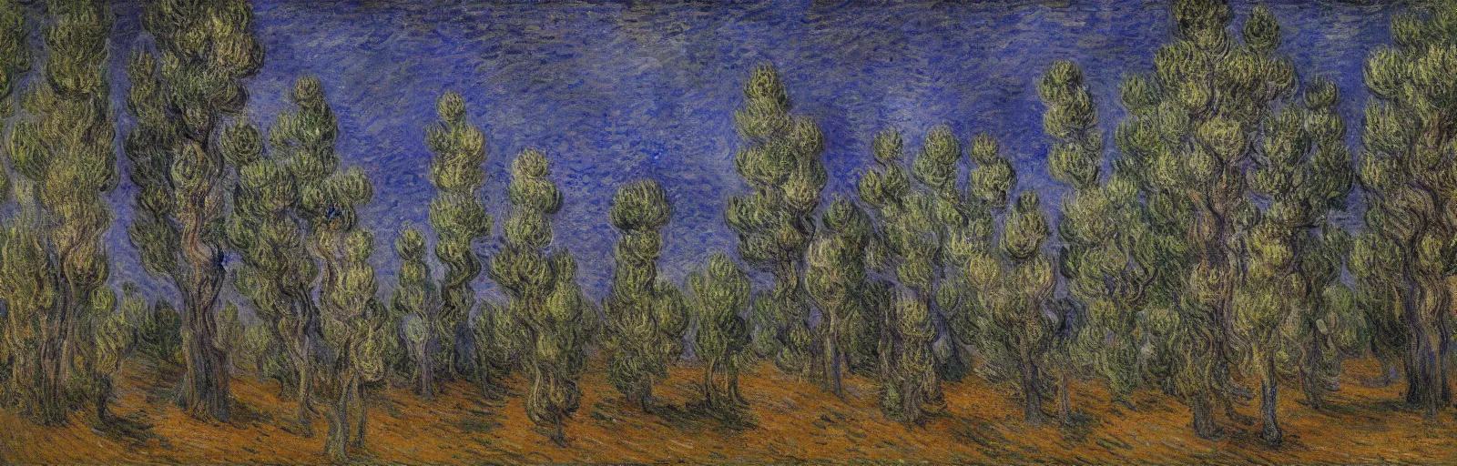 Image similar to An aesthetically pleasing, dynamic, energetic, lively, well-designed digital art of juniper trees in a forest at night in a low mist, light and shadow, chiaroscuro, by Claude Monet and Vincent Van Gogh, superior quality, masterpiece, excellent use of negative space. 8K, superior detail.