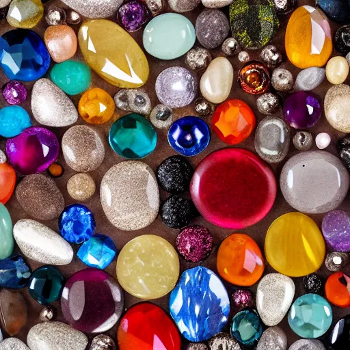 Image similar to roughly circular precious stones of different colours and materials laid out in a regular pattern