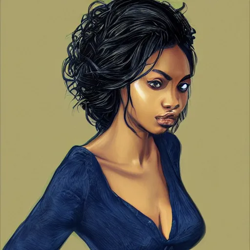 Image similar to portrait of a beautiful woman in an office, dark blue clothes, black hair, dark skin, d & d, high fantasy, deep focus, intricate, elegant, highly detailed, digital painting, sharp focus dynamic pose, ultra realistic illustration
