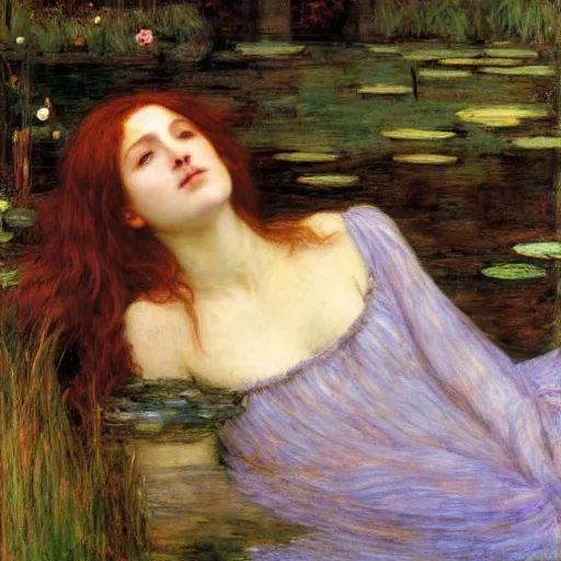 Image similar to ophelia by john william waterhouse, rosetti, monet, william holman hunt, 8 k