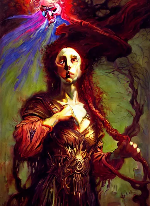 Image similar to wizard casting acid splash, dnd character art portrait, intricate fantasy painting, dramatic lighting, vivid colors, deviantart by edgar maxence and caravaggio and michael whelan and delacroix.