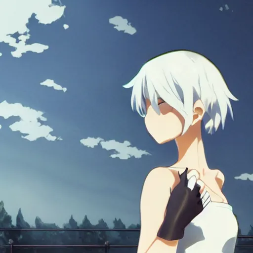 Image similar to girl with short white hair and bare shoulders, wearing black gloves and a white shirt, art by makoto shinkai