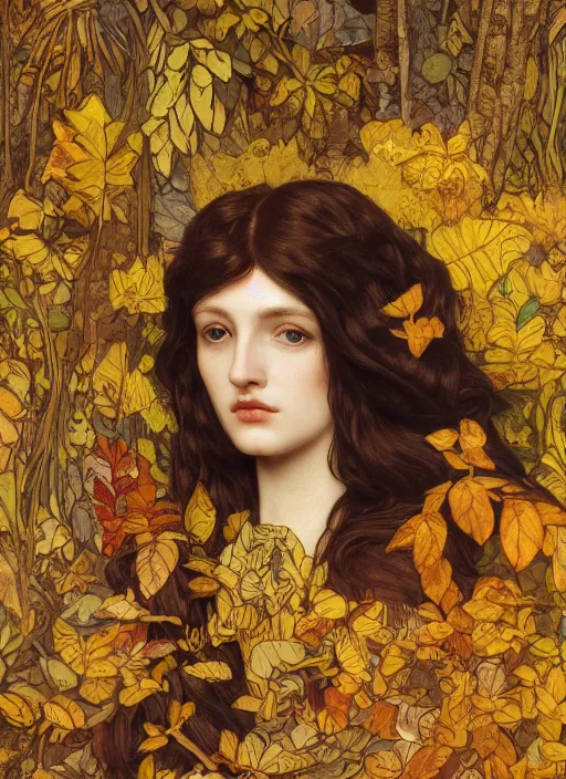 Image similar to masterpiece beautiful seductive flowing curves preraphaelite face portrait amongst leaves, extreme close up shot, straight bangs, thick set features, yellow ochre ornate medieval dress, raven, laying amongst foliage mushroom forest circle arch, frederic leighton and kilian eng and rosetti, 4 k