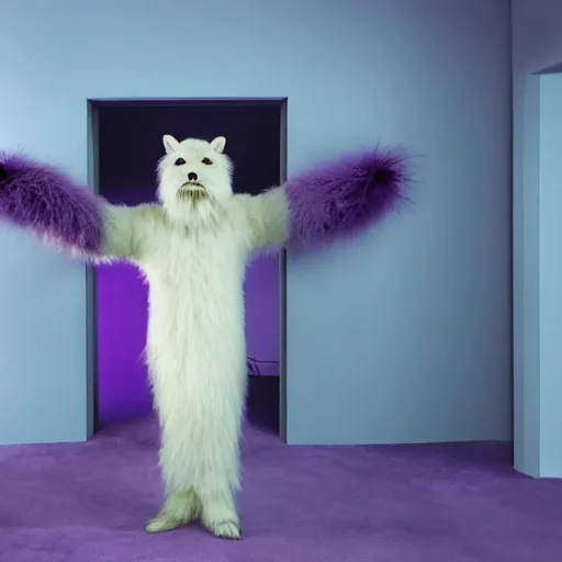 Prompt: A photo of a white fur monster standing in a purple room