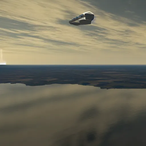 Image similar to blakes 7 liberator space craft flying low over a lake with relfections 8 k resolution evening sunlight, ambient occlusion cinematic volumetric clouds