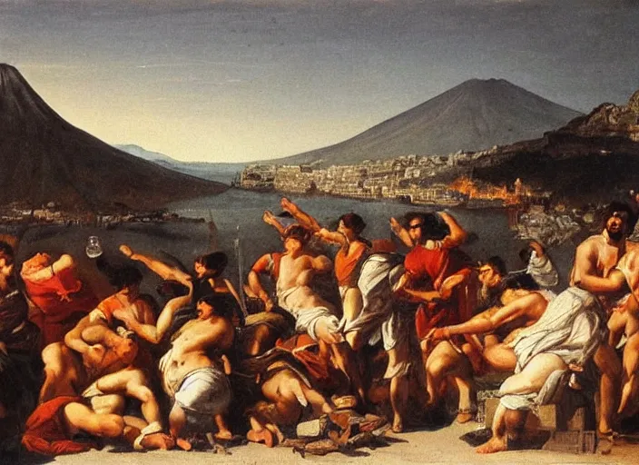 Prompt: detailed painting of average greeks drink wine and have fun against the backdrop of mount vesuvius starting to erupt by brullov, based on the brulliv painting the last day of pompeii