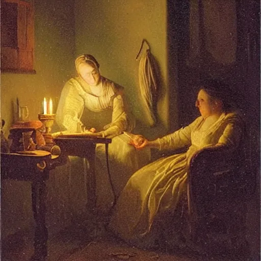 Prompt: The evocative candlelit night scenes of Dutch Romantic painter Petrus van Schendel (1806-1870)