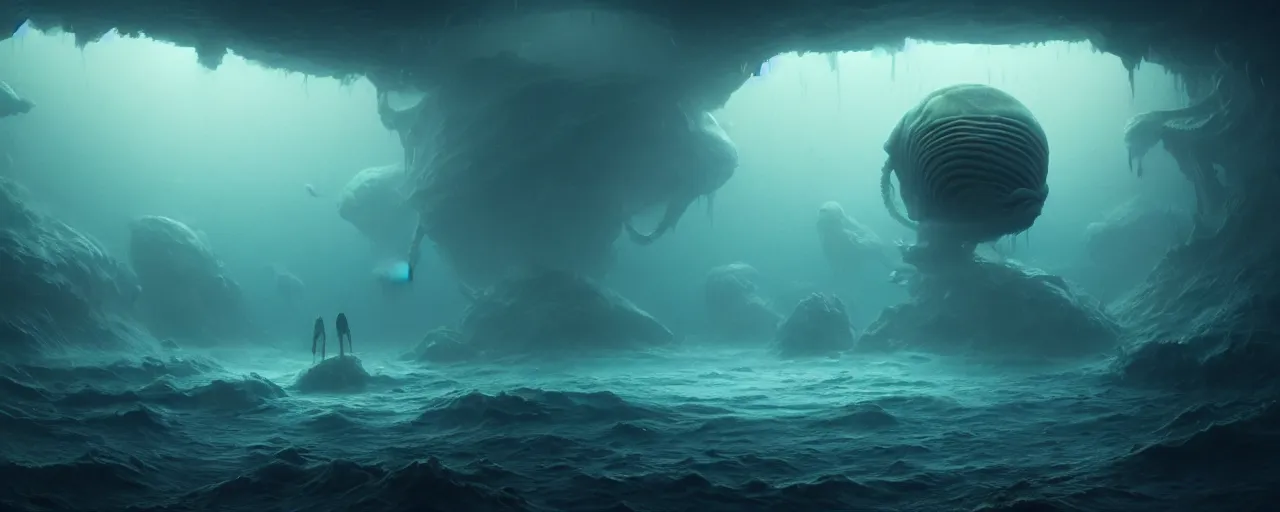 Image similar to ultra realistic muted colors horror photo of a dimly lit alien underwater landscape, very intricate details, focus, full frame image, high contrast, cgi render, artwork by tooth wu and wlop and beeple and greg rutkowski, award winning