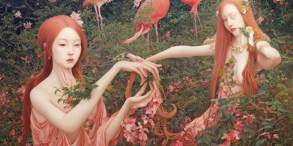 Image similar to breathtaking detailed weird concept art painting of the goddess of flamingo, orthodox saint, with anxious, piercing eyes, ornate background, epic composition, amalgamation of leaves and flowers, by Hsiao-Ron Cheng and John James Audubon and Miho Hirano, extremely moody lighting, 8K