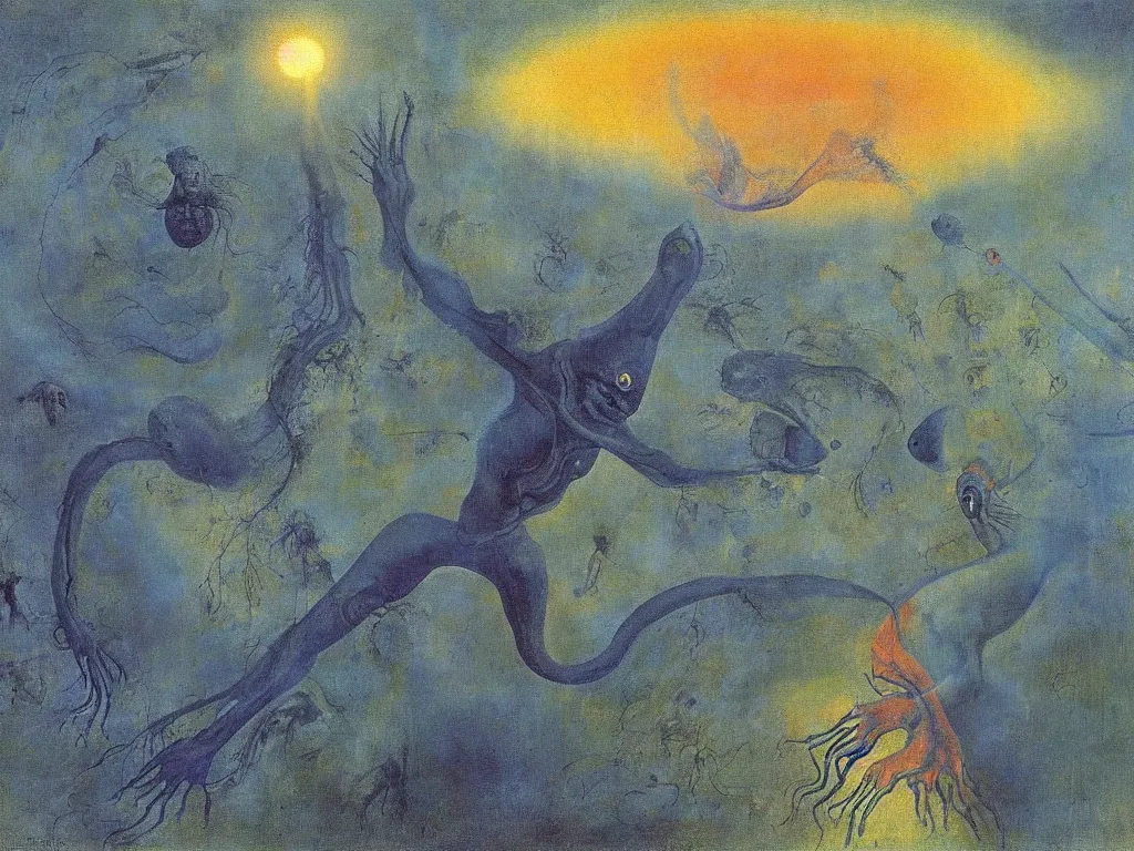 Image similar to alien creature of the blue flame near the turbulent river. painting by mikalojus konstantinas ciurlionis, bosch, max ernst, agnes pelton, rene magritte
