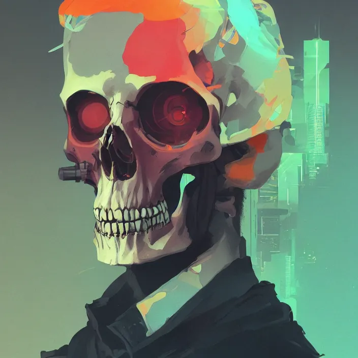 Prompt: a colorful comic noir illustration painting of a cyberpunk skull by sachin teng, sergey kolesov, greg rutkowski, in style of digital art. hyper detailed, sharp focus, soft light. octane render. ray tracing. trending on artstation