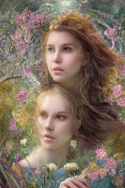 Image similar to elaborately detailed close up portrait of an extremely beautiful girl surrounded by flowers, an eerie mist and ethereal rainbow bubbles, Aetherpunk, high fantasy matte painting, fantasy matte painting movie poster, Art Nouveau, smooth, sharp focus, atmospheric lighting, highly detailed illustration highlights, backlight, golden ratio, 8K detail post-processing, symmetrical facial features, rich deep moody colors, majestic, dark epic fantasy, award winning picture, sense of awe, featured on DeviantArt, trending on cgsociety