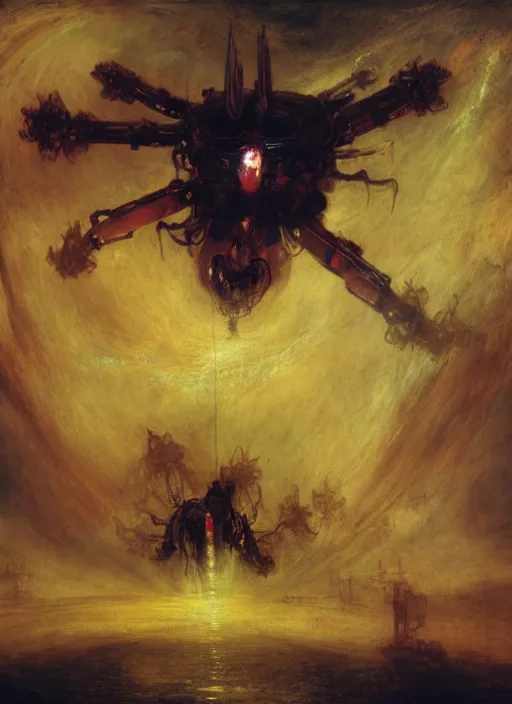 Prompt: evangelion mech. by rembrandt, 1 6 6 7, joseph mallord william turner, fractal flame, luis royo, intricately, futuristic, robot, cyborg, jellyfish