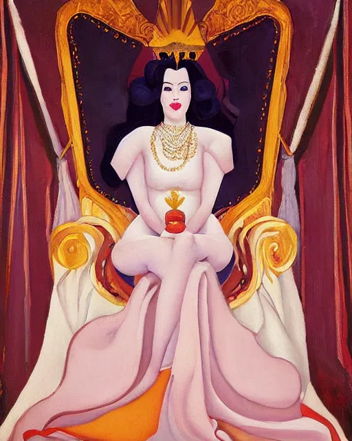 Prompt: a oil painting of a pale skin dark hair curls queen on a throne with fancy dress by armstrong wolf, by hans emmenegger by nicholas roerich, by georgia o keeffe realistic, throne room, soft pale tone, airbrush dark dress, drapery, curtain, dawn