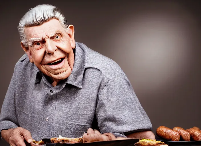 Image similar to photo still of andy griffith as matlock at shoneys!!!!!!!! at age 7 6 years old 7 6 years of age!!!!!!!! enjoying sausage, 8 k, 8 5 mm f 1. 8, studio lighting, rim light, right side key light