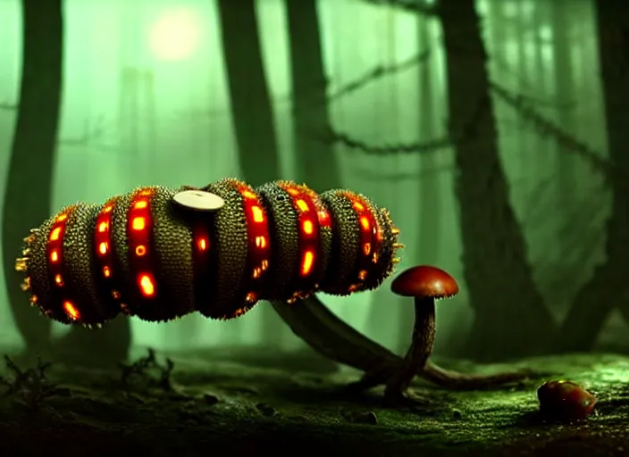 Image similar to 12mm intricate mechanical caterpillar with visible gears and electronics and optic Fibres sitting on top of a mushroom in a magical forest. Very detailed 8k. Fantasy cyberpunk horror. Sharp. Cinematic post-processing