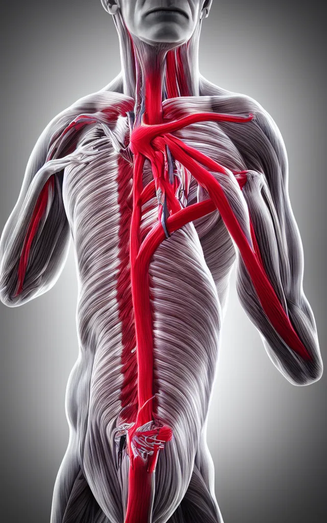 Prompt: intricated scientific medical 3d animation of the muscles and veins of a human with a heart in their hands photography 3d octane render over black black black background
