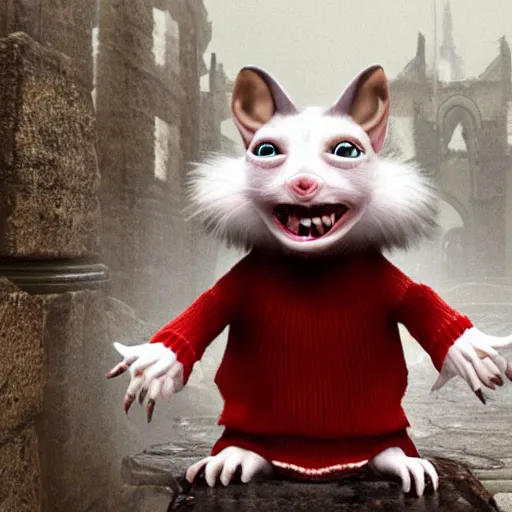 Prompt: stuart little as a monstrous dark souls boss, wearing a red sweater and his fur is white, visually grotesque, low - poly graphics, style of asylum demon, forked tongue