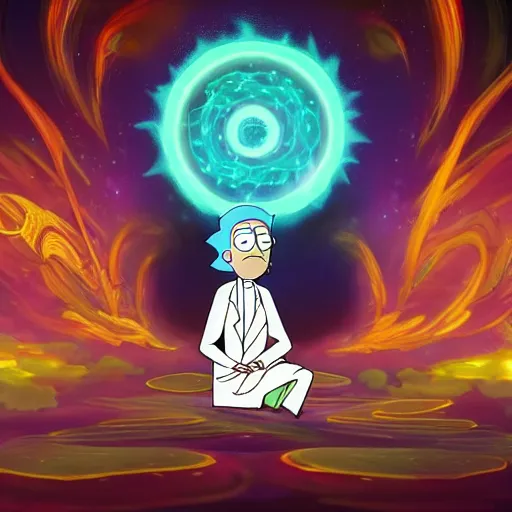 Image similar to The Sapiential sage dreaming with magical reflections of knowledge lost in time ultra high quality in the style of Rick and Morty