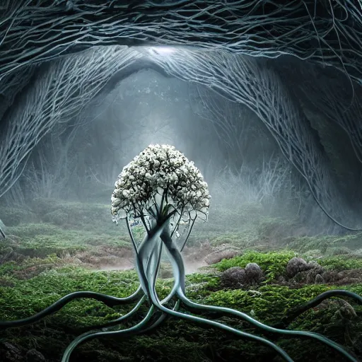 Image similar to biocomputer heart organ intertwined with white biocomputer flowers in a biomechanical cave forest, intricate environment, matte painting, diffused lighting, highly detailed cinematic, atmosphere, diffused lighting, highly detailed digital art, trending on artstation, depth of field, wide angle