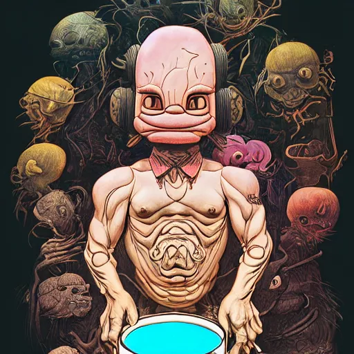 Prompt: Psychedelic Physique Portrait Krang standing with black jar, a red clay pot greg rutkowski jen bartel peter mohrbacher anna podedworna arthur rackham salvador dali octavio ocampo jacek yerka winslow homer norman rockwell uta natsume prismacolor tombow quill