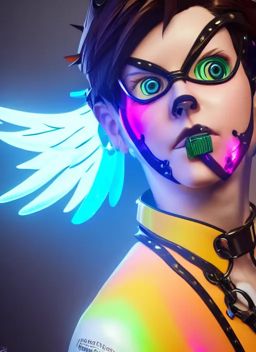 Image similar to portrait bust digital artwork of tracer overwatch, wearing iridescent rainbow latex and leather straps catsuit outfit, 4 k, expressive happy face, makeup, in style of mark arian, angel wings, wearing detailed leather collar, chains, black leather harness, detailed face and eyes,