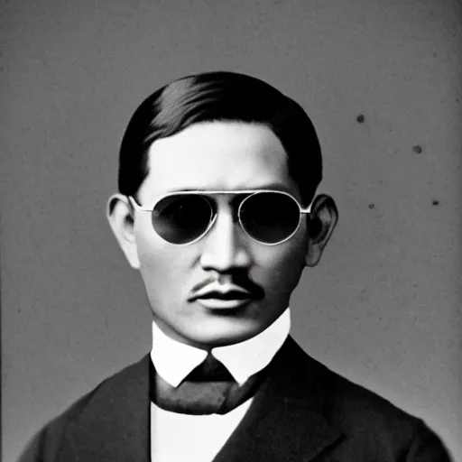 Prompt: vintage photo portrait of jose rizal with a short and thin mustache wearing ray ban aviator sunglasses