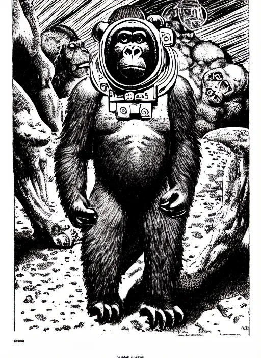 Image similar to a gorilla wearing a space helmet, as a d & d monster, full body, pen - and - ink illustration, etching, by russ nicholson, david a trampier, larry elmore, 1 9 8 1, hq scan, intricate details, inside stylized border