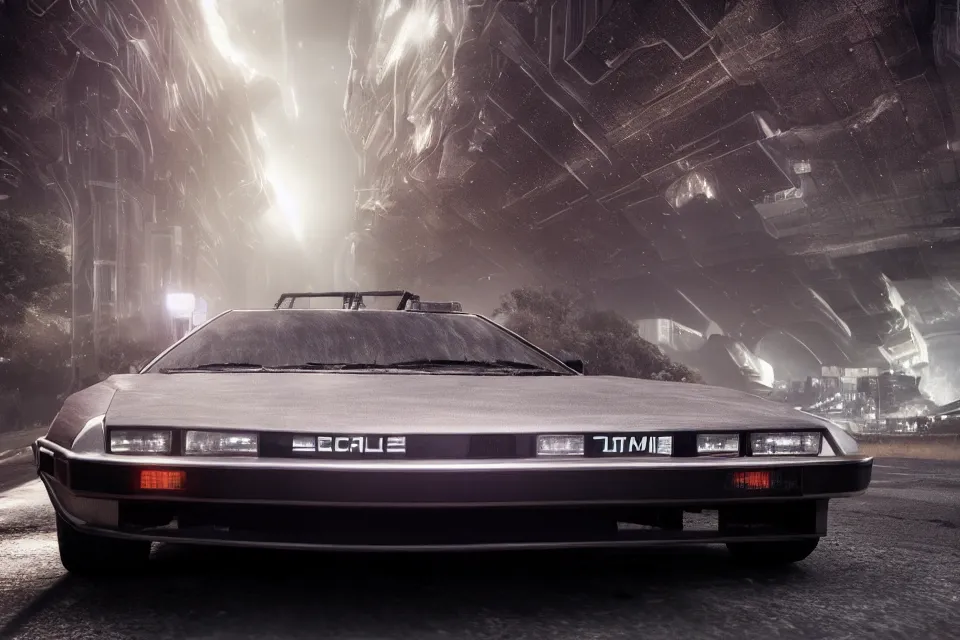 Image similar to ultra realistic delorean dmc 5 drifting on a ancient space highway, dark cinematic, volumetric, realistic, 3 d render, realistic render, cinematic lighting, volumetric lighting, atmospheric, cinematic, unreal engine 5, unreal engine render, octane render, hd, photorealism, hyper realistic, photo, 8 k