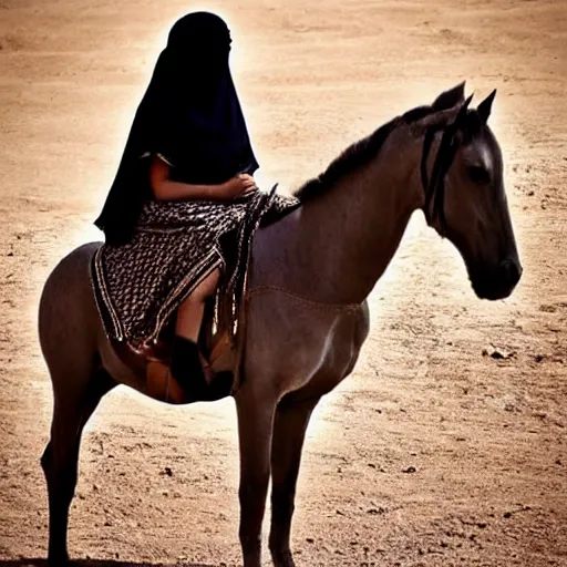 Prompt: beautiful burqa's woman, ride horse in saharan, dress like taliban, sharp eyes, photorealistic faces, handling riffle on chest, shooting pose, dust, cinematic, dynamic pose, pinterest