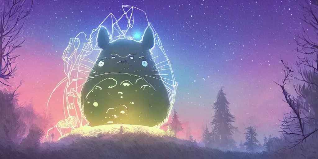 Image similar to glowing wireframe totoro, forest god of princess mononoke, mountain landscape, night sky, digital art, digital painting, celestial, majestic, colorful