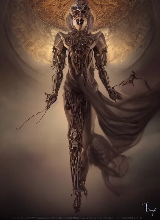 Image similar to epic portrait of menacing and anxious yet stunningly beautiful biomechanical djinn overseeing the iridescent fabric of time and space, by charlie bowater, mandy jurgens, gustav klimt, octane render, dramatic camera angle, 4k, 8k, high detail, HDR, by tom bagshaw, powerful, with inspiration from Beksinski, inspired by greek goddess Athena