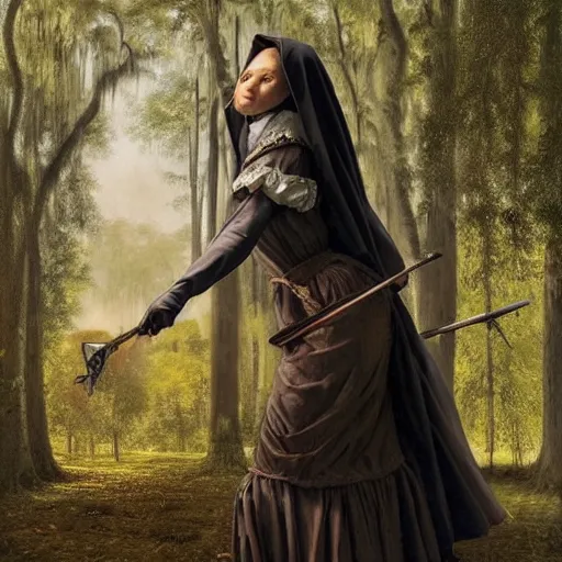 Prompt: A masterpiece portrait of a Incredibly beautiful maid barique renaissance swamp nun girl hunting on deer with russian greyhound medium shot, intricate, elegant, highly detailed. trending on artstation, digital art, by Stanley Artgerm Lau, WLOP, Rossdraws, James Jean, Andrei Riabovitchev, Marc Simonetti, Yoshitaka Amano. background by James Jean and Gustav Klimt, light by Julie Bell, 4k, porcelain skin.