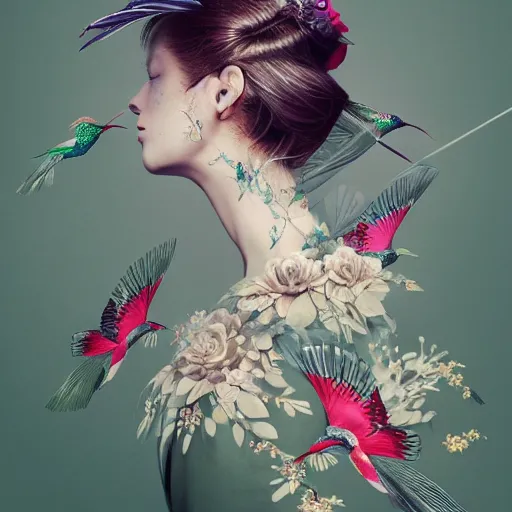Image similar to 3 / 4 view of a beautiful girl wearing an origami dress, eye - level medium shot, fine floral ornaments in cloth and hair, hummingbirds, elegant, by eiko ishioka, givenchy, nobuyoshi araki, by peter mohrbacher, centered, fresh colors, origami, fashion, detailed illustration, vogue, japanese, reallusion character creator