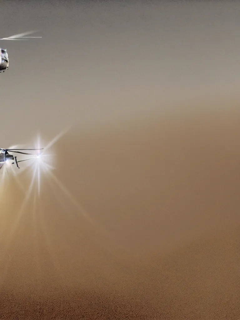 Prompt: close up!, photo of helicopter flying over a sand hills covered in dust, extremely detailed matte painting by jeremy geddes, featured on cg society, video art, reimagined by industrial light and magic, anamorphic lens flare, # vfxfriday