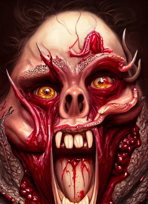 Prompt: incubus sticking out tongue with blood, realistic, surealism, lavish, steep, aesthetic, extravagant, shiny, fantasy, intricate, elegant, extremely higly detailed, digital painting, artstation, ornate, grotesque, baroque, concept art, smooth, sharp focus, by joongwon charles jeong and diego fazio