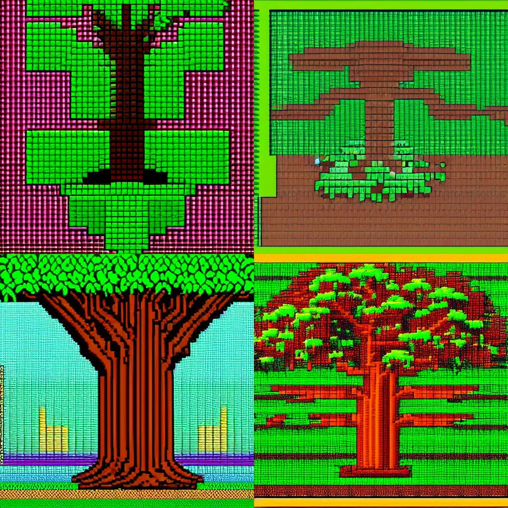 Prompt: big green tree, in the style of pixel art, 8-bit, 16-bit, snes, no grid lines, no screen-door effect, Matej ‘Retro’ Jan, sprite, clean blocks