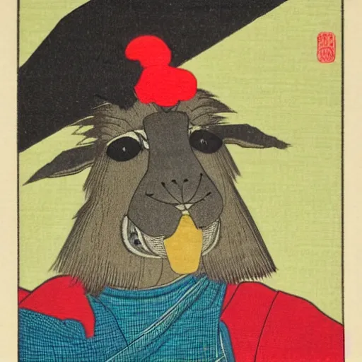 Image similar to japanese color woodblock print of a llama wearing a noh mask.