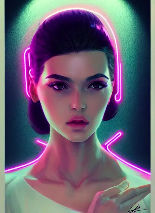 Image similar to portrait of female humanoid, intricate, retro 6 0 s fashion, elegant, cyber neon lights, highly detailed, digital photography, trending in artstation, trending in pinterest, glamor pose, concept art, smooth, sharp focus, art by artgerm and greg rutkowski