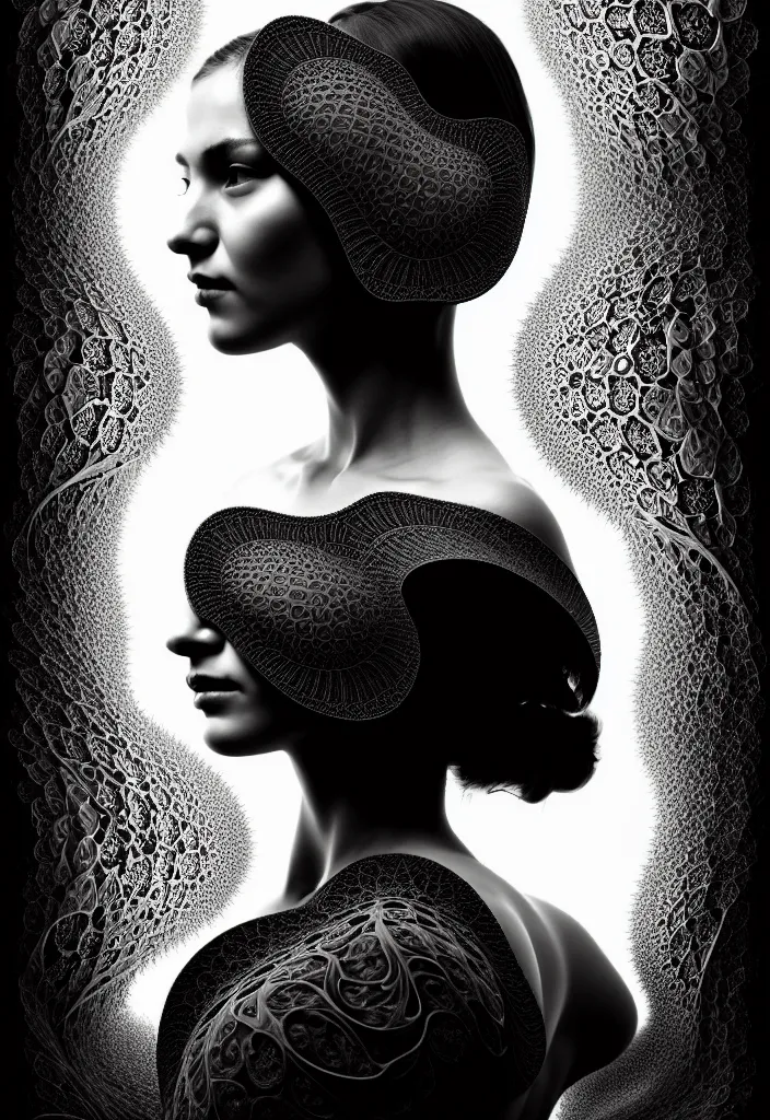Image similar to portrait of a young beautiful woman with a partially covering mask. fractal, mandelbulb technique. black and white, black on black. intricate, elegant, super highly detailed, professional digital painting, smooth, extreme illustration, Photorealism, HD quality, 8k resolution, 3D, beautiful, cinematic, art. art deco, art nouveau.