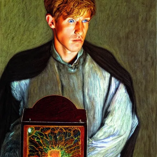 Image similar to A painting. A rip in spacetime. Did this device in his hand open a portal to another dimension or reality?! Lawrence of Arabia, pastel dark by William Holman Hunt, by Travis Louie straight, melancholic