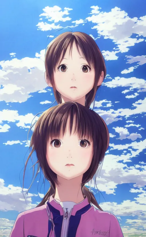 Prompt: portrait of a girl, anime style, clouds and blue sky in background, cute clothing, hair clips, short hair, hair down, symmetrical facial features, from evangelion, hyper realistic, 4 k, rule of thirds, extreme detail, detailed drawing, trending artstation, hd,, realistic lighting, by alphonse mucha, greg rutkowski